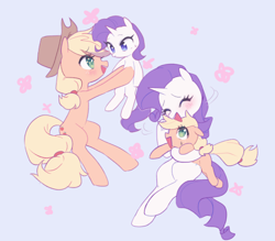 Size: 500x438 | Tagged: safe, artist:kkmrarar, derpibooru import, idw, applejack, rarity, earth pony, pony, unicorn, spoiler:comic, spoiler:comicidw2020, age regression, blushing, cute, duality, female, filly, filly applejack, filly rarity, happy, holding a pony, hug, jackabetes, mama rarity, mare, raribetes, role reversal, self ponidox, size difference, smiling, younger