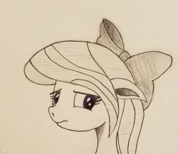 Size: 2083x1805 | Tagged: safe, artist:polar_storm, flitter, pegasus, pony, bow, bust, concerned, female, frown, hair bow, mare, monochrome, neo noir, partial color, simple background, sketch, solo, traditional art, white background