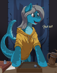 Size: 2008x2555 | Tagged: safe, artist:ailoy4, derpibooru import, oc, oc only, oc:seafoam, original species, pony, shark, shark pony, banner, book, clothes, dungeons and dragons, female, happy, hoodie, mare, pen and paper rpg, reverse trap, rpg, solo