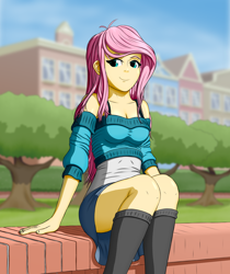 Size: 1650x1961 | Tagged: safe, artist:cluvry, fluttershy, equestria girls, building, clothes, grass, park, sitting, smiling, solo, tree