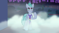 Size: 1920x1080 | Tagged: safe, screencap, feather flatterfly, pegasus, pony, the summer sun setback, canterlot, determined, fog, folded wings, front view, glasses, male, necktie, night, raised hoof, solo, wavy mouth, wings