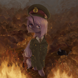 Size: 2000x2000 | Tagged: safe, artist:wopphank, oc, oc:amelie ross, unicorn, clothes, female, fire, mare, no source available, pink hair, purple, uniform, world war ii