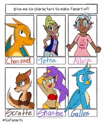 Size: 1080x1266 | Tagged: safe, artist:princessmuffinart, gallus, anthro, fox, griffon, human, armpits, blushing, charizard, clothes, crossed arms, ear piercing, earring, female, genie, ice age, jewelry, male, one eye closed, peace sign, piercing, pokémon, princess allura, scratte, shantae, shantae (character), six fanarts, tetra, the legend of zelda: the wind waker, voltron legendary defender, wings, wink