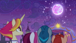 Size: 1920x1080 | Tagged: safe, screencap, cayenne, fire flare, hot streak, night fire, pony, unicorn, the summer sun setback, canterlot, female, grin, looking up, male, mare, moon, night, smiling, sparkles, stage, stallion