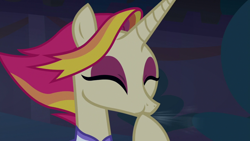 Size: 1920x1080 | Tagged: safe, screencap, fire flare, pony, unicorn, the summer sun setback, canterlot, cute, eyes closed, eyeshadow, female, makeup, mare, night, raised hoof, solo, whistling