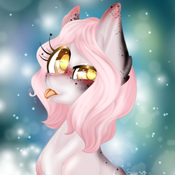 Size: 2500x2500 | Tagged: safe, artist:scribs, oc, earth pony, pony, :p, big ears, big eyes, digital, ear fluff, eye shine, freckles, galaxy, glitter, painting, pink mane, smiling, smirk, solo, spots, tongue out