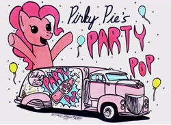 Size: 3496x2560 | Tagged: safe, artist:sketchywolf-13, derpibooru import, pinkie pie, earth pony, pony, balloon, cutie mark, female, mare, soda, solo, text, traditional art, truck, vehicle