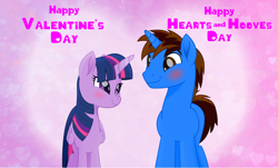 Size: 2656x1603 | Tagged: safe, artist:andoanimalia, twilight sparkle, twilight sparkle (alicorn), oc, oc:andoanimalia, alicorn, pony, unicorn, blushing, canon x oc, female, hearts and hooves day, holiday, looking at each other, male, mare, smiling, stallion, straight, valentine, valentine's day