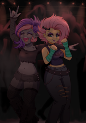 Size: 2700x3875 | Tagged: safe, artist:lucy-tan, fluttershy, oc, better together, choose your own ending, equestria girls, the road less scheduled, the road less scheduled: fluttershy, belly button, clothes, commission, concert, crowd, devil horn (gesture), duo, ear piercing, flutterpunk, high res, lidded eyes, midriff, pants, piercing, shorts