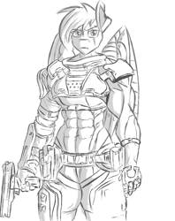 Size: 655x829 | Tagged: artist needed, source needed, safe, derpibooru import, rainbow dash, anthro, abs, alternate timeline, amputee, apocalypse dash, armor, artificial wings, augmented, clothes, crystal war timeline, female, gloves, gun, lineart, monochrome, muscles, prosthetic limb, prosthetic wing, prosthetics, rainbuff dash, sketch, solo, torn ear, uniform, weapon, wings