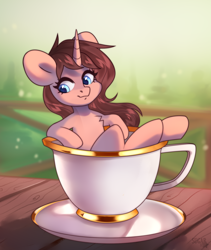 Size: 1496x1772 | Tagged: safe, artist:sugarstar, oc, oc only, oc:morning coffee, pony, unicorn, cup, cup of pony, cute, female, gilded, gold rims, horn, looking away, mare, micro, rcf community, saucer, sitting