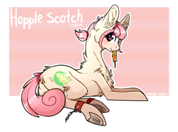 Size: 3148x2336 | Tagged: safe, artist:sherochan, oc, oc only, oc:hopple scotch, earth pony, pony, chains, chest fluff, ear fluff, eye clipping through hair, female, food, frog (hoof), hooves, ice cream, looking at you, looking back, looking back at you, lying down, mare, simple background, smiling, solo, underhoof, ych result