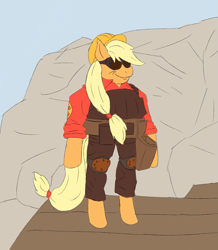 Size: 2105x2409 | Tagged: safe, artist:sufficient, derpibooru import, applejack, earth pony, pony, semi-anthro, bipedal, cliff, clothes, colored, complex background, engineer, flat colors, glasses, goggles, hard hat, hat, meme, midget, overalls, red team, rock, smug, solo, team fortress 2