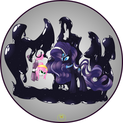 Size: 1280x1280 | Tagged: safe, artist:lakword, nightmare rarity, oc, oc:léa, goo, hanging, latex, pair, shiny, size difference, standing