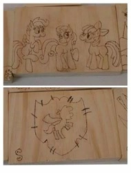 Size: 365x480 | Tagged: safe, artist:dawn-designs-art, artist:sapphire-burns-art, apple bloom, scootaloo, sweetie belle, earth pony, pegasus, pony, unicorn, cutie mark crusaders, photo, pyrography, traditional art, wood