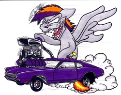 Size: 900x704 | Tagged: safe, artist:sketchywolf-13, oc, oc only, oc:jorganstan, pegasus, pony, car, chevrolet, chevrolet chevelle, commission, cutie mark, fire, male, rat fink, sharp teeth, sidepipes, simple background, smoke, solo, stallion, supercharger, teeth, traditional art, white background, wings