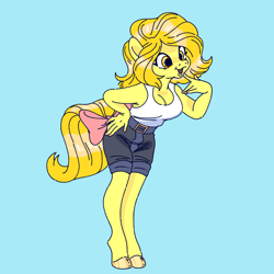 Size: 1800x1800 | Tagged: safe, artist:hillvalleyclown, oc, oc only, oc:butterscotch (robiinart), anthro, earth pony, unguligrade anthro, anthro oc, blue background, bow, clothes, female, mare, open mouth, shorts, simple background, solo, tail bow, tanktop