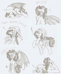 Size: 1143x1375 | Tagged: safe, artist:ravenpuff, oc, oc only, oc:puffy, bat pony, pony, bag, bat pony oc, bat wings, bloodshot eyes, bust, christmas, face down ass up, fangs, female, freckles, goggles, happy, hat, heart, holiday, lineart, mare, music notes, onomatopoeia, open mouth, present, saddle bag, santa hat, sleeping, smiling, sound effects, tongue out, traditional art, underhoof, wings, yawn, yelling, zzz