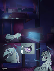 Size: 2601x3464 | Tagged: safe, artist:jesterpi, oc, oc:jester pi, comic:a jester's tale, alarm, bed, city, comic, flat, hotel, lying on bed, manehattan, sleeping, snot bubble, text, waking up