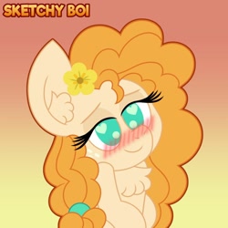 Size: 1280x1280 | Tagged: safe, artist:snakeythingy, pear butter, the perfect pear, blushing, chest fluff, gradient background, heart eyes, implied bright mac, implied brightbutter, wingding eyes