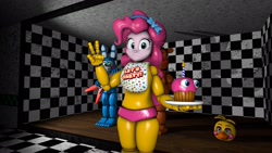 Size: 2720x1530 | Tagged: safe, artist:fazbearsparkle, pinkie pie, equestria girls, 3d, animatronic, clothes, costume, crossover, cupcake, five nights at freddy's, five nights at freddy's 2, fnaf 2, food, freddy fazbear, freddy fazbear's pizzeria, looking at you, not amused face, source filmmaker, suit, toy bonnie, toy chica, toy freddy