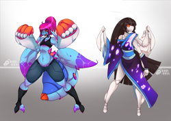 Size: 1280x905 | Tagged: safe, alternate version, artist:tea-redrex, oc, oc only, oc:cteno, anthro, mantis, clothes, colored, duo, female