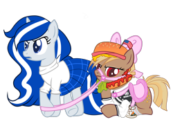 Size: 3510x2512 | Tagged: safe, artist:aepp, oc, oc only, oc:balmoral, oc:patty (ice1517), earth pony, pony, unicorn, american flag, annoyed, base used, bow, bridle, burger, cheese, clothes, collar, converse, female, flag, food, freckles, hair bow, hat, jersey, ketchup, kilt, lettuce, mare, mustard, open mouth, raised hoof, raised leg, saddle, sauce, scotland, shoes, simple background, socks, sweater, tack, transparent background, underhoof, ych result