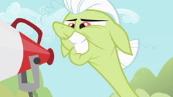 Size: 2000x1125 | Tagged: safe, screencap, granny smith, pony, sisterhooves social, clenched teeth, faic, female, floppy ears, mare, megaphone, necc, solo