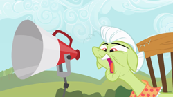 Size: 2000x1125 | Tagged: safe, screencap, granny smith, pony, sisterhooves social, female, mare, megaphone, open mouth, rocking chair, solo