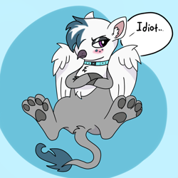 Size: 1024x1024 | Tagged: safe, artist:sprinkle-tits, oc, oc only, oc:izzy, griffon, abstract background, baka, choker, collar, dialogue, female, freckles, goth, gothic, paw pads, paws, solo, toe beans, tsundere, underpaw