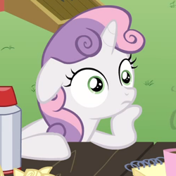 Size: 500x500 | Tagged: safe, screencap, sweetie belle, pony, unicorn, ponyville confidential, cropped, female, filly, horn, meme, meme origin, meme template, solo, sudden clarity sweetie belle, text, two toned mane, white coat, wide eyes