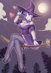 Size: 2400x3404 | Tagged: safe, alternate version, artist:nauth, maud pie, equestria girls, breasts, broom, clothes, cosplay, costume, dress, female, flying, flying broomstick, hat, heart, moon, night, sexy, solo, stars, tree, witch hat