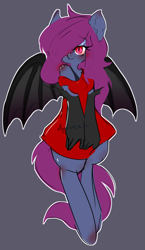 Size: 1111x1920 | Tagged: safe, artist:snow angel, oc, oc only, oc:ica, anthro, bat pony, unguligrade anthro, bat pony oc, bat wings, clothes, dark background, evening gloves, female, gloves, hair over one eye, long gloves, solo, spread wings, wings