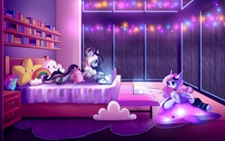 Size: 6666x4180 | Tagged: safe, artist:airiniblock, oc, oc only, oc:rouge, oc:spectral prism, bat pony, bat pony oc, bat wings, bed, bookshelf, computer, laptop computer, rain, rcf community, shark plushie, window, wings