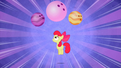 Size: 2000x1124 | Tagged: safe, screencap, apple bloom, earth pony, pony, the cutie pox, blank flank, bowling ball, female, filly, foal, jumping, purple background, simple background, solo, sunburst background