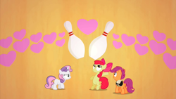 Size: 2000x1124 | Tagged: safe, screencap, apple bloom, scootaloo, sweetie belle, earth pony, pegasus, pony, unicorn, the cutie pox, bag, bowling bag, bowling pin, cutie mark crusaders, female, filly, foal, orange background, saddle bag, simple background, trio