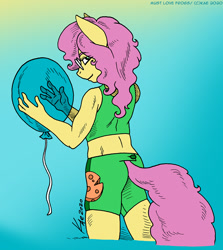 Size: 982x1100 | Tagged: safe, artist:kaemantis, li'l cheese, anthro, the last problem, ambiguous gender, balloon, blue background, clothes, four fingers, glasses, older, shorts, simple background, solo, tail, watermark