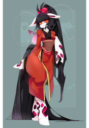 Size: 840x1200 | Tagged: safe, alternate version, artist:slugbox, oc, oc only, anthro, changeling, changeling queen, unguligrade anthro, abstract background, albino changeling, changeling queen oc, clothes, female, kimono (clothing), solo