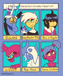 Size: 900x1075 | Tagged: safe, artist:mckabber, discord, cat, draconequus, human, ben 10, bust, chest fluff, crossover, danny phantom, fangs, limited palette, mega absol, nico di angelo, percy jackson and the olympians, pokémon, six fanarts, smiling, wildmutt