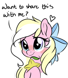 Size: 2382x2728 | Tagged: safe, artist:emberslament, oc, oc only, oc:bay breeze, pony, blushing, bow, colored sketch, cute, female, hair bow, heart eyes, mare, paopu fruit, simple background, sketch, speech, text, white background, wingding eyes
