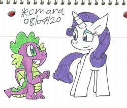Size: 937x800 | Tagged: safe, artist:cmara, derpibooru import, rarity, spike, dragon, pony, unicorn, eyeshadow, female, grin, makeup, male, mare, shipping, simple background, smiling, sparity, straight, traditional art, white background, winged spike
