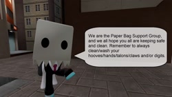 Size: 1920x1080 | Tagged: safe, artist:soad24k, oc, oc:head bag, pegasus, pony, 3d, anonymous, clothes, gloves, gmod, paper bag, paper bag support group, speech bubble, suit