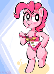 Size: 846x1156 | Tagged: safe, artist:duckoiii, derpibooru import, pinkie pie, earth pony, pony, better together, equestria girls, :p, bipedal, blushing, clothes, cute, diapinkes, drool, equestria girls outfit, female, mare, off shoulder, one-piece swimsuit, ponified, solo, sweat, swimsuit, tongue out