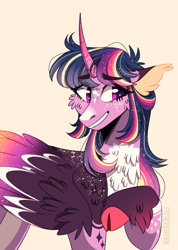 Size: 729x1024 | Tagged: safe, artist:wanderingpegasus, derpibooru import, twilight sparkle, twilight sparkle (alicorn), alicorn, pony, alternate hairstyle, chest fluff, coat markings, curved horn, cute, ear fluff, female, freckles, grin, horn, mare, raised hoof, redesign, simple background, smiling, solo, twiabetes, unshorn fetlocks, yellow background