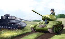 Size: 2500x1500 | Tagged: safe, artist:bacbko, oc, oc only, pony, equestria at war mod, clothes, field, hearts of iron 4, helmet, panzer iv, t-34, tank (vehicle), uniform, world war ii