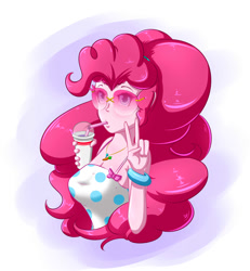 Size: 1850x2000 | Tagged: safe, artist:albertbm, derpibooru import, pinkie pie, equestria girls, drinking, female, looking at you, peace sign, sleeveless, sunglasses