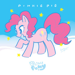 Size: 800x800 | Tagged: safe, artist:fkaori, derpibooru import, pinkie pie, earth pony, pony, cute, diapinkes, female, mare, my little pony logo, no pupils, open mouth, solo, stars