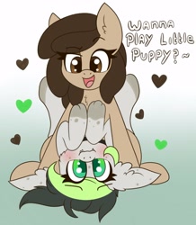 Size: 2611x3000 | Tagged: safe, artist:pegamutt, oc, oc only, oc:bree jetpaw, oc:louvely, dog, dog pony, earth pony, pegasus, blushing, cute, daaaaaaaaaaaw, duo, eyebrows, eyebrows visible through hair, flirting, fluffy, gradient background, heart, open mouth, pinned, pinned down, solo, text, wavy mouth