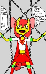 Size: 750x1200 | Tagged: artist needed, safe, apple bloom, anthro, angry, bloomsub, bondage, chained, desperation, female, femsub, fetish, kryptonite, need to pee, potty time, shackles, submissive, superfilly, urine, watersports