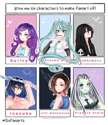 Size: 1036x1200 | Tagged: safe, artist:pollaedraws, human, equestria girls, bust, clothes, crossover, demon slayer, dororo, femboy, frankie stein, hashibira inosuke, hatsune miku, headworn microphone, humanized, jill valentine, long hair, male, monster high, necktie, resident evil, six fanarts, sword, vocaloid, weapon